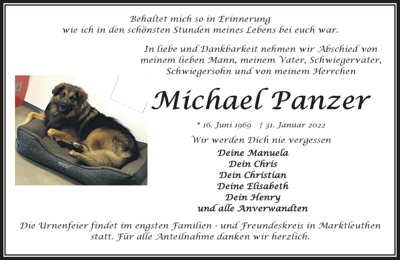  Traueranzeige für Michael Panzer vom 05.02.2022 aus Frankenpost