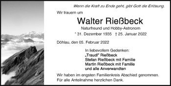 Traueranzeige von Walter Rießbeck von Frankenpost