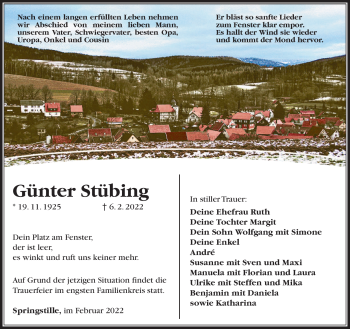Traueranzeige von Günter Stübing von Südthüringer Presse