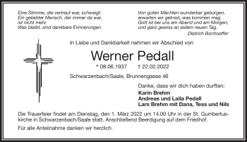 Traueranzeige von Werner Pedall von Frankenpost