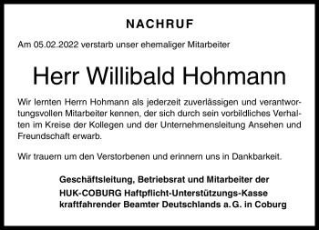 Traueranzeige von Willibald Hohmann von Neue Presse Coburg