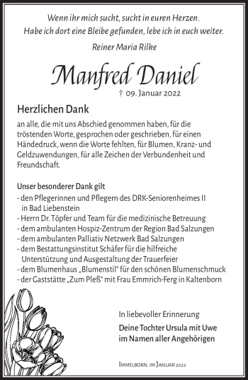 Traueranzeige von Manfred Daniel von Südthüringer Presse
