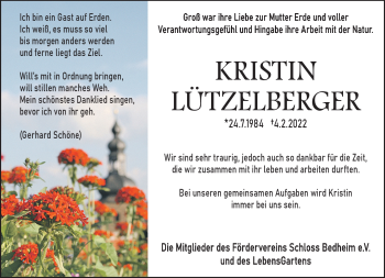 Traueranzeige von Kristin Lützelberger von Südthüringer Presse