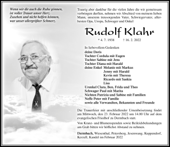 Traueranzeige von Rudolf Klahr von Südthüringer Presse