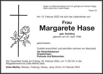 Traueranzeige von Margarete Hase von Südthüringer Presse