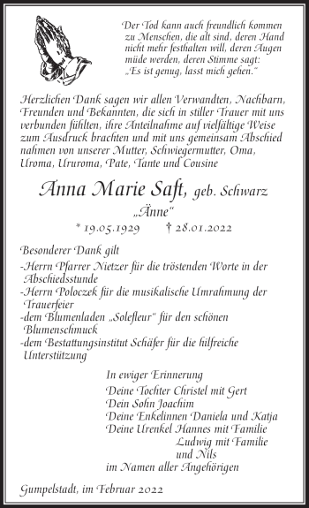 Traueranzeige von Anna Marie Saft von Südthüringer Presse