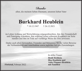 Traueranzeige von Burkhard Heublein von Südthüringer Presse