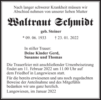 Traueranzeige von Waltraut Schmidt von Südthüringer Presse