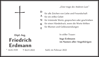 Traueranzeige von Friedrich Erdmann von Südthüringer Presse