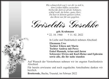 Traueranzeige von Griseldis Geschke von Südthüringer Presse