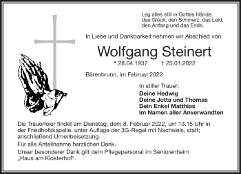 Traueranzeige von Wolfgang Steinert von Frankenpost