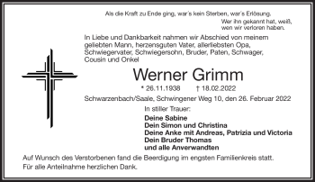 Traueranzeige von Werner Grimm von Frankenpost