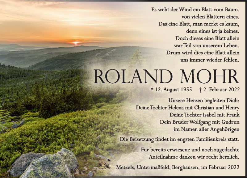  Traueranzeige für Roland Mohr vom 12.02.2022 aus Südthüringer Presse