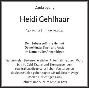 Traueranzeige von Heidi Gehlhaar von Südthüringer Presse