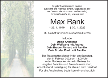 Traueranzeige von Max Rank von Frankenpost