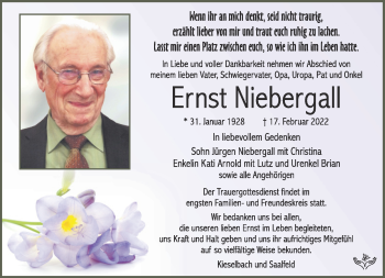Traueranzeige von Ernst Niebergall von Südthüringer Presse