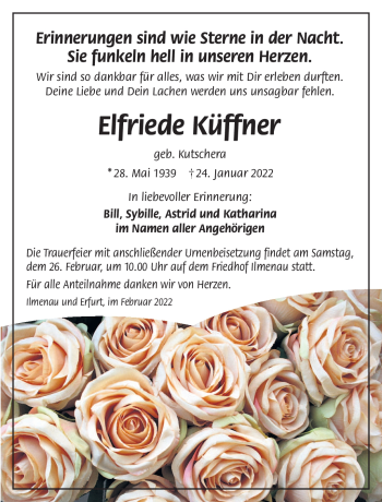 Traueranzeige von Elfriede Küffner von Südthüringer Presse