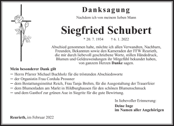 Traueranzeige von Siegfried Schubert von Südthüringer Presse