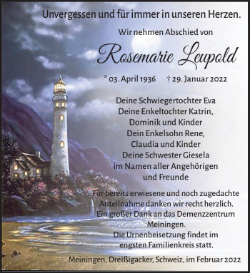 Traueranzeige von Rosemarie Leupold von Südthüringer Presse