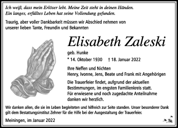 Traueranzeige von Elisabeth Zaleski von Südthüringer Presse