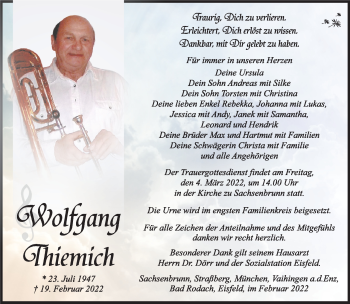Traueranzeige von Wolfgang Thiemich von Südthüringer Presse
