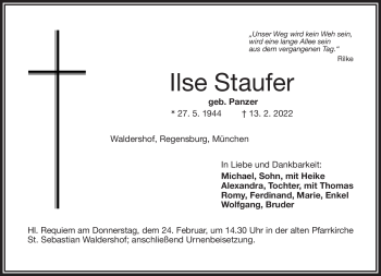 Traueranzeige von Ilse Staufer von Frankenpost