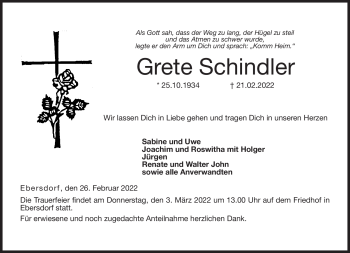 Traueranzeige von Grete Schindler von Neue Presse Coburg