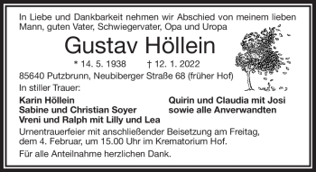 Traueranzeige von Gustav Höllein von Frankenpost