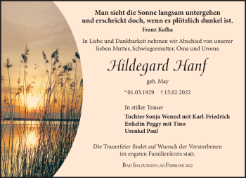 Traueranzeige von Hildegard Hanf von Südthüringer Presse