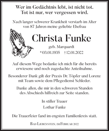 Traueranzeige von Christa Funke von Südthüringer Presse