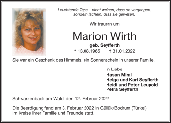 Traueranzeige von Marion Wirth von Frankenpost