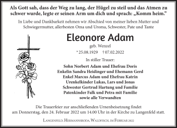 Traueranzeige von Eleonore Adam von Südthüringer Presse
