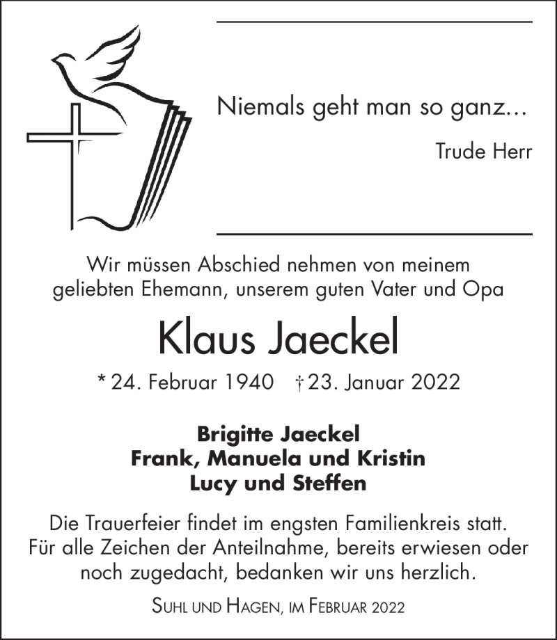  Traueranzeige für Klaus Jaeckel vom 12.02.2022 aus Südthüringer Presse