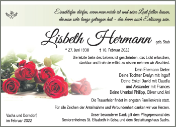 Traueranzeige von Lisbeth Hermann von Südthüringer Presse