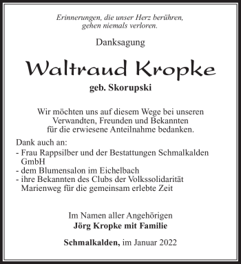 Traueranzeige von Waltraud Kropke von Südthüringer Presse