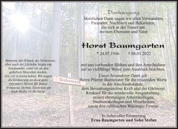 Traueranzeige von Horst Baumgarten von Südthüringer Presse