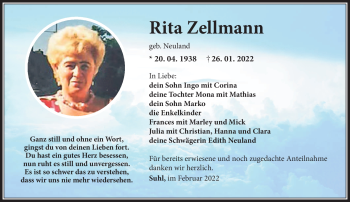 Traueranzeige von Rita Zellmann von Südthüringer Presse
