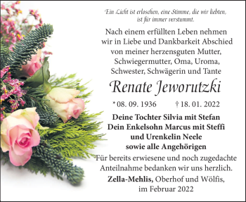 Traueranzeige von Renate Jeworutzki von Südthüringer Presse