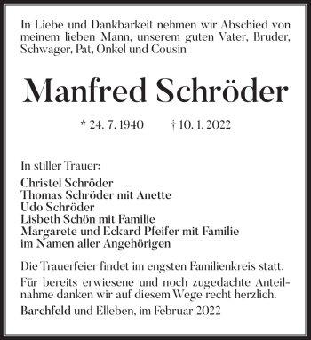 Traueranzeige von Manfred Schröder von Südthüringer Presse