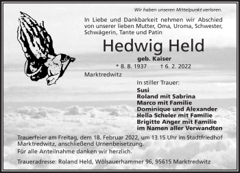 Traueranzeige von Hedwig Held von Frankenpost