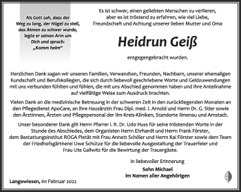 Traueranzeige von Heidrun Geiß von Südthüringer Presse