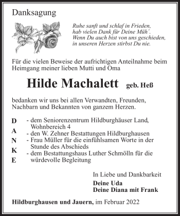 Traueranzeige von Hilde Machalett von Südthüringer Presse