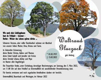 Traueranzeige von Waltraud Gluczack von Südthüringer Presse