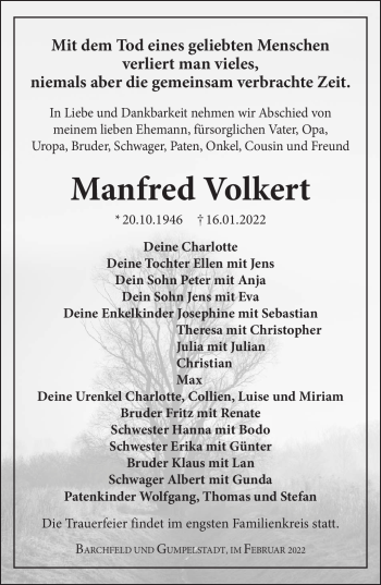 Traueranzeige von Manfred Volkert von Südthüringer Presse