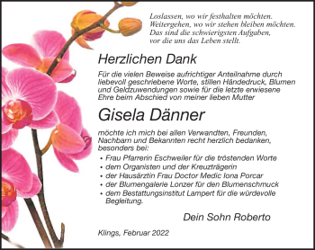 Traueranzeige von Gisela Dänner von Südthüringer Presse