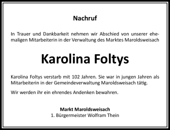 Traueranzeige von Karolina Foltys von Neue Presse Coburg