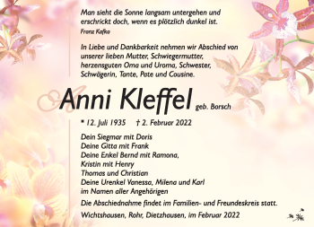 Traueranzeige von Anni Kleffel von Südthüringer Presse