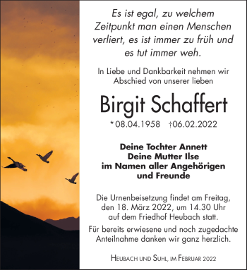 Traueranzeige von Birgit Schaffert von Südthüringer Presse