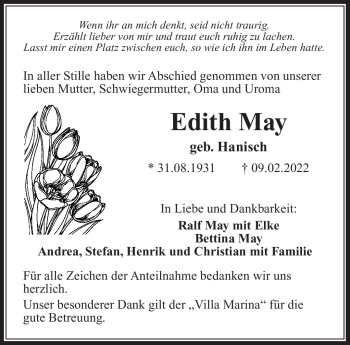 Traueranzeige von Edith May von Südthüringer Presse