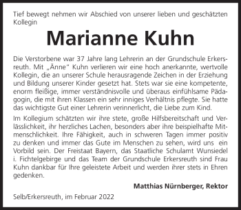 Traueranzeige von Marianne Kuhn von Frankenpost